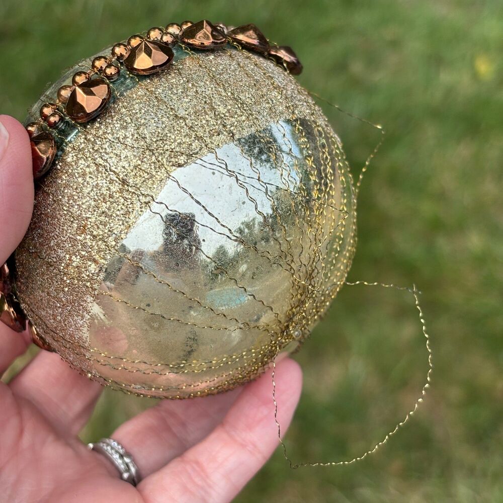 Vtg West Germany Mercury Glass Christmas Ornament Crinkle Wire Wrapped Beaded - Picture 3 of 7